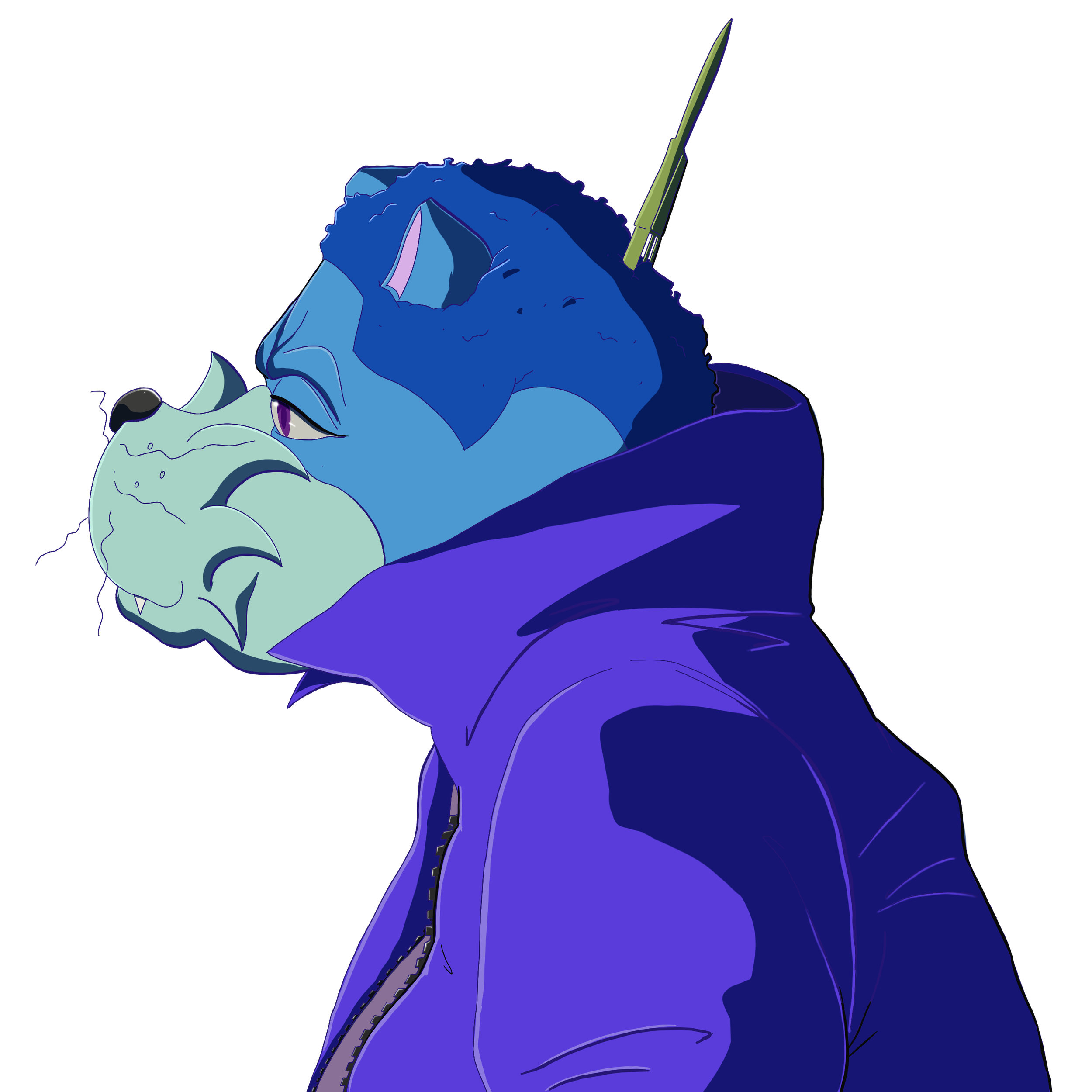 Side profile of a blue anthropomorphic cat character