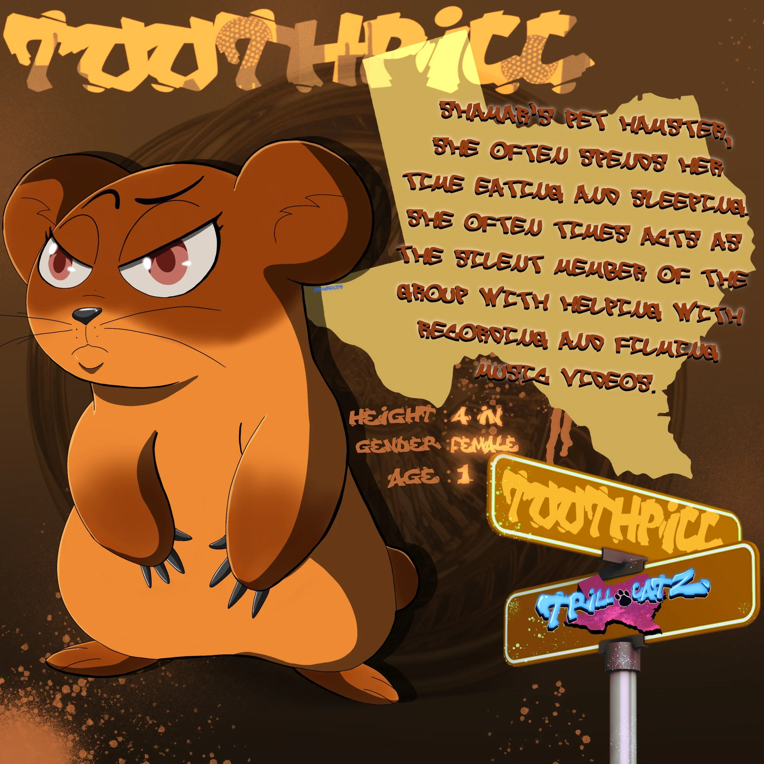 A cartoon hamster with brown fur and a fierce expression, standing on its hind legs. The background is dark with orange and yellow accents. There are colorful street signs, and a large torn piece of paper with text describing the hamster's habits and
