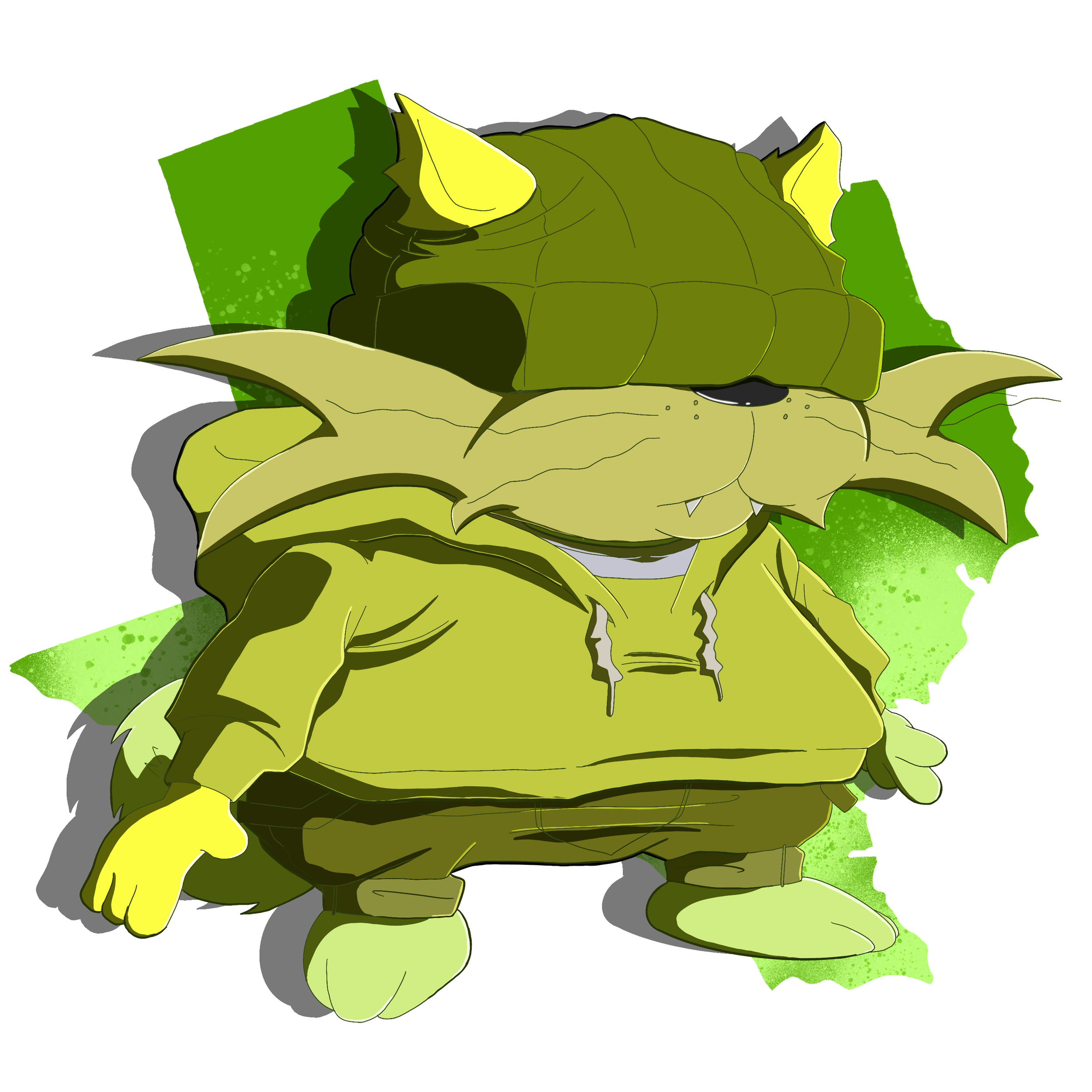 Cartoon character of a cat wearing a hoodie, standing in front of a green shape Texas