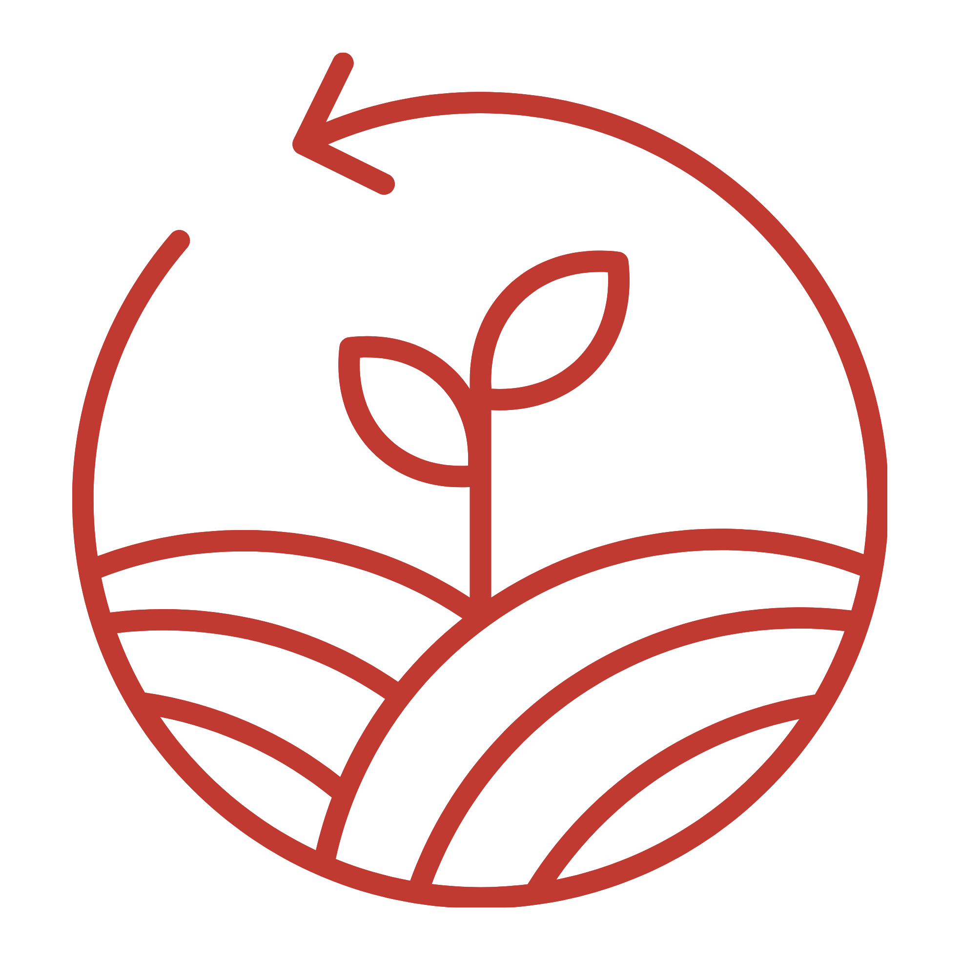 Red outline of an open book with a sprouting plant symbol in the center.