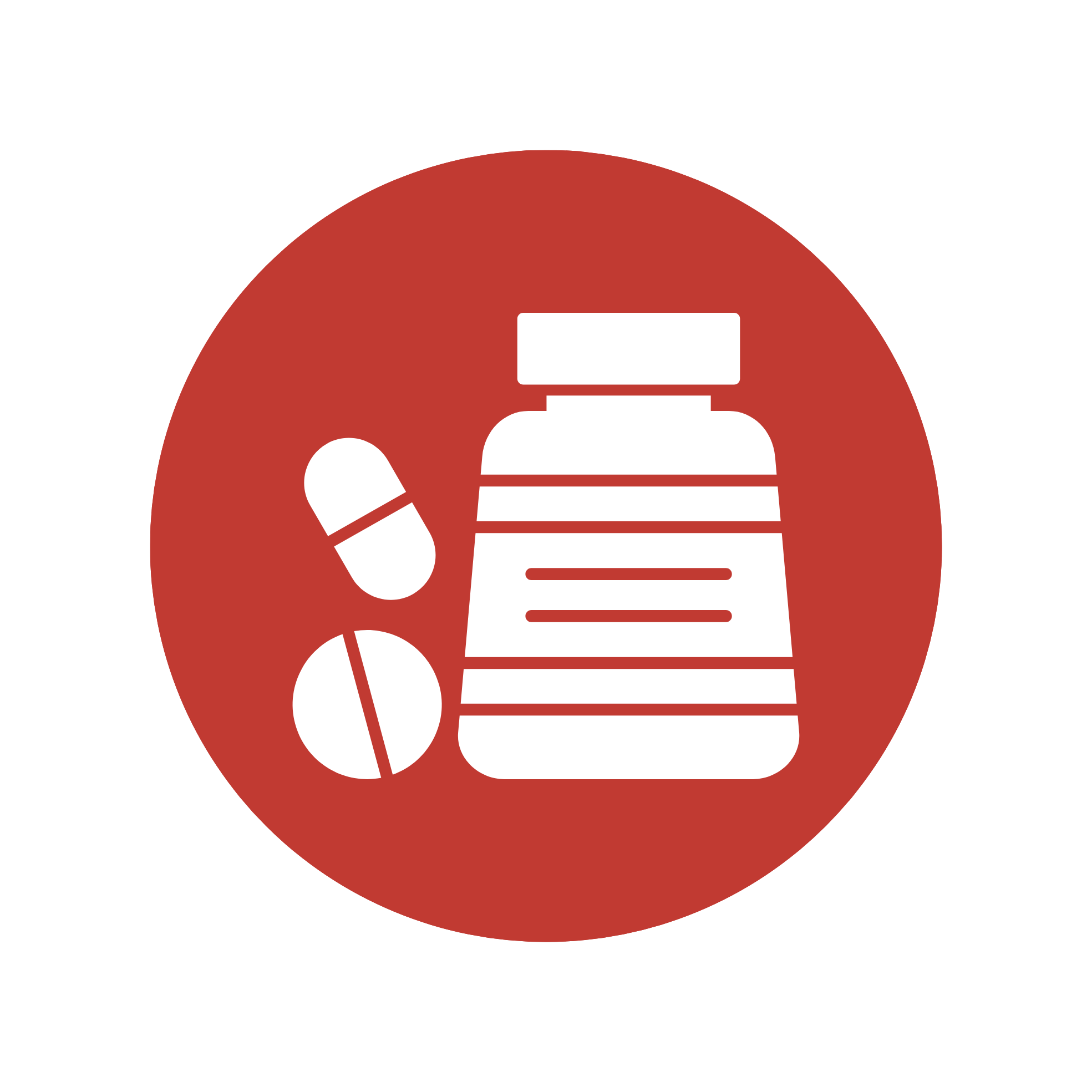 A graphic with a red circular background featuring a white email icon, a white telephone icon, and a white striped bottle icon, representing contact information.