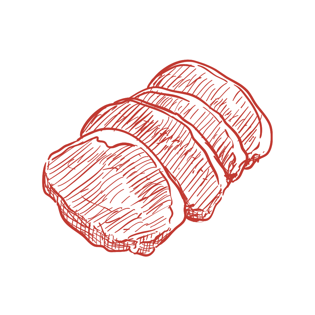 A red line drawing of three pieces of sushi on a black background.
