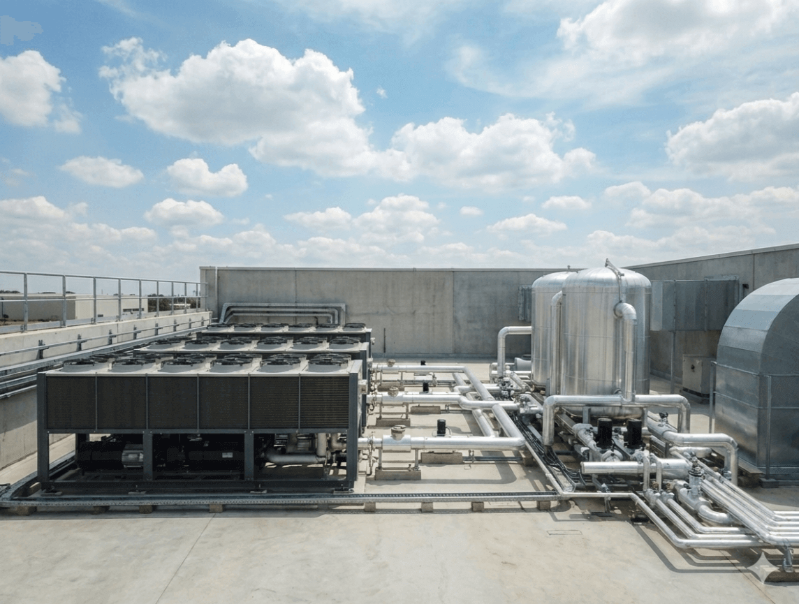 Industrial rooftop utility plant including large-scale chillers and pressurized tank systems for a manufacturing facility requiring a technical SEAI energy audit.