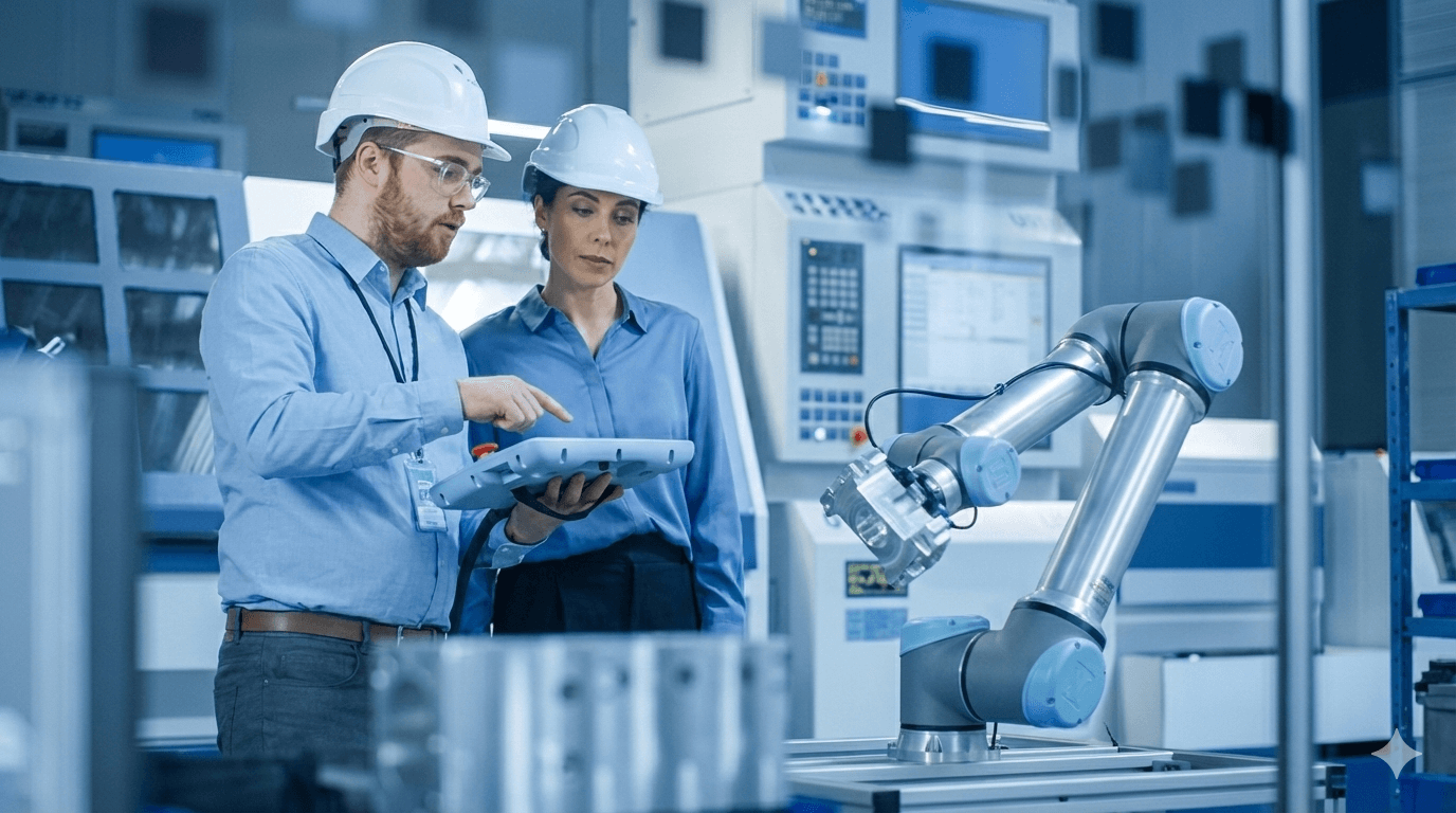 Engineers in an Irish MedTech manufacturing facility conducting an energy audit and reviewing carbon data on a tablet next to robotic equipment.