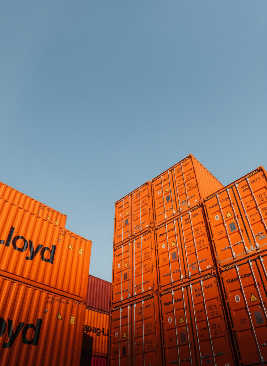 Orange shipping containers stacked outdoors against a clear blue sky.