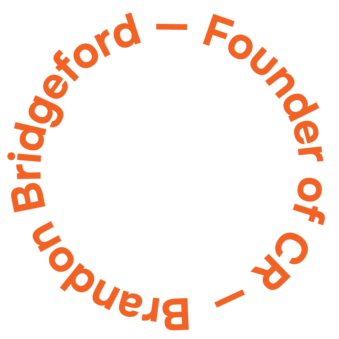 Circular text in orange reads: "Brigadier - Founder of" on a black background.