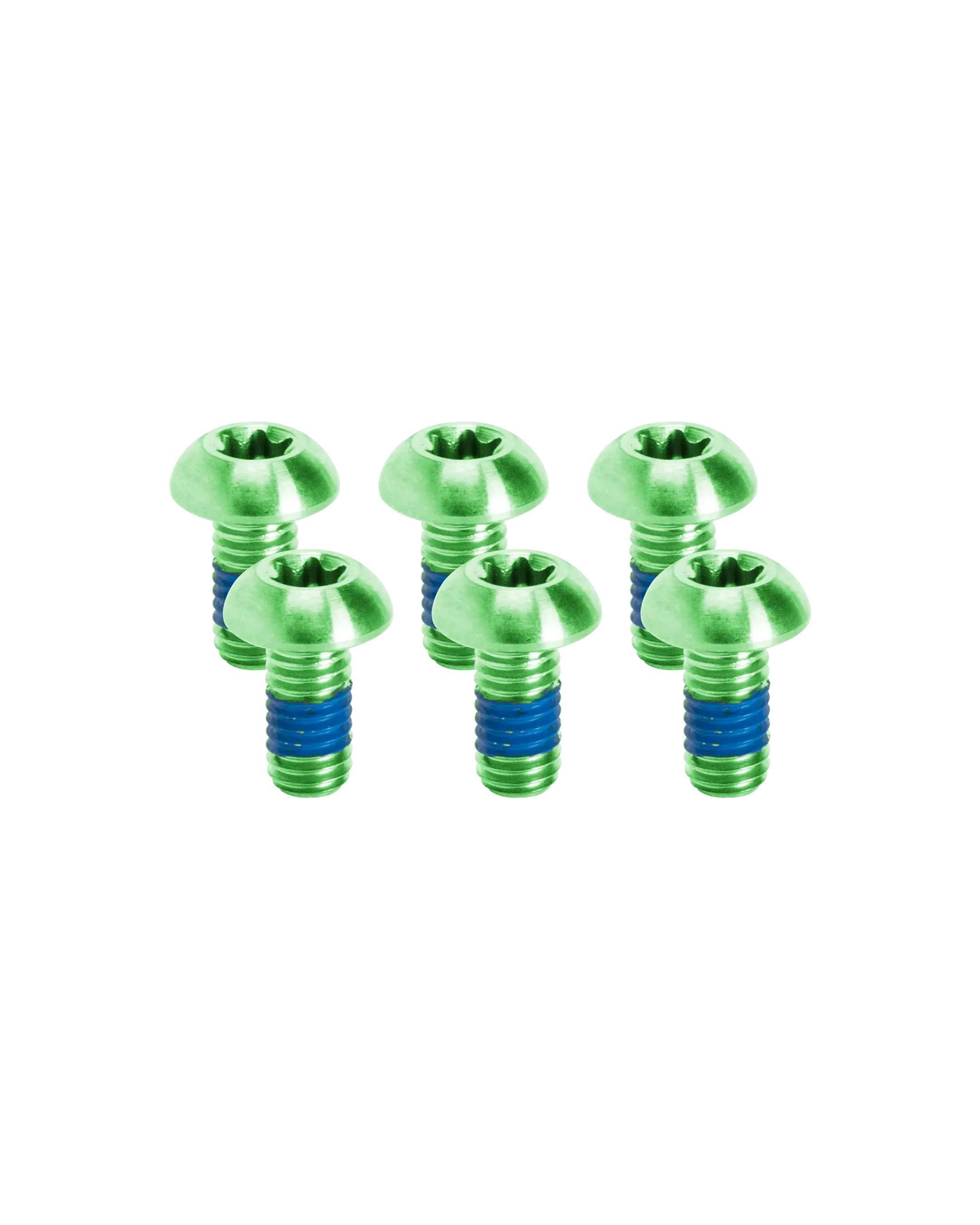 Six green and blue screws arranged in two rows on a white background.