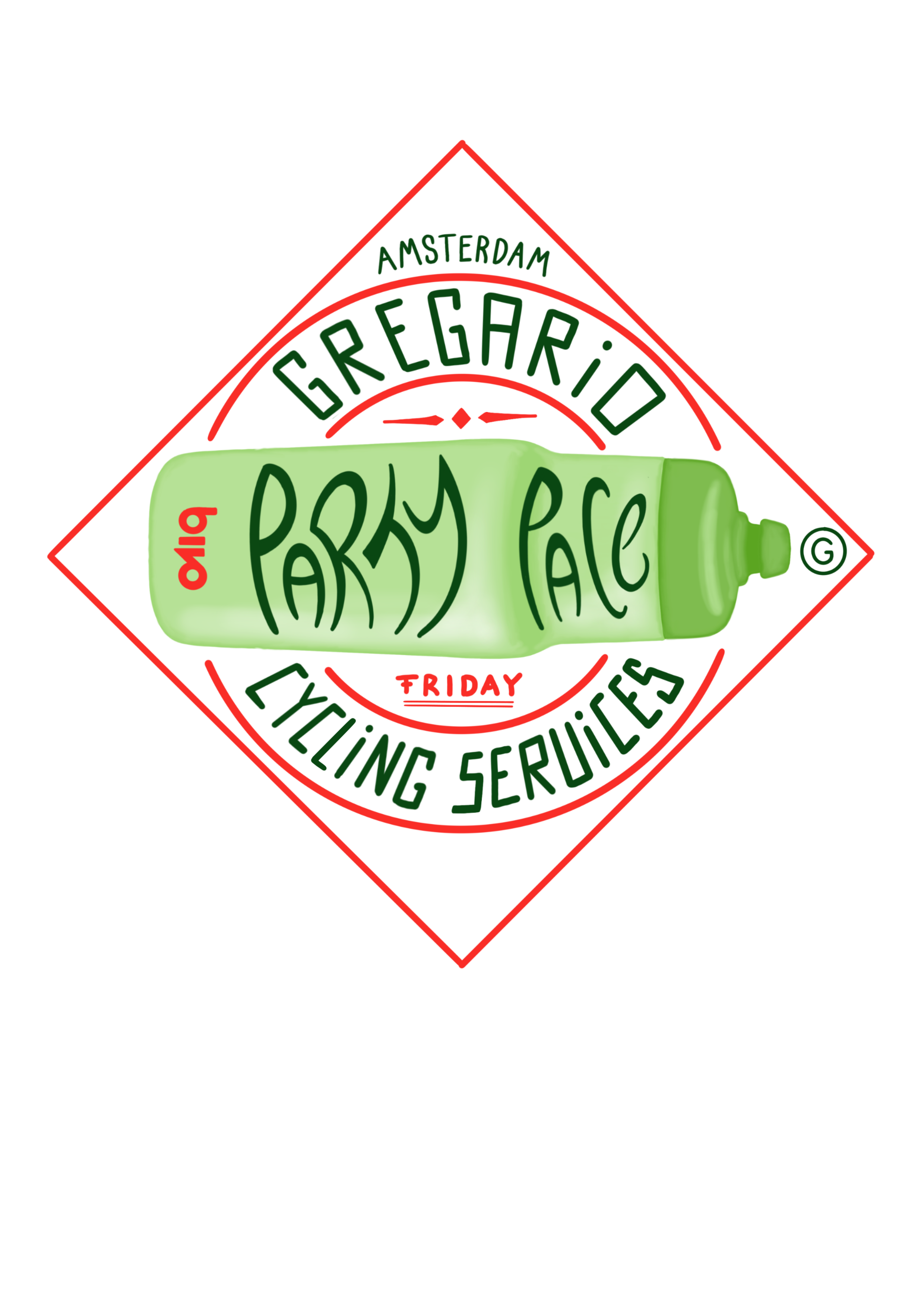 Design of a circular label with green and red text and graphics, featuring a green baby bottle with the words "Party Pace" written on it, and information about a birthday event in Amsterdam on Friday, including activities like cycling services.