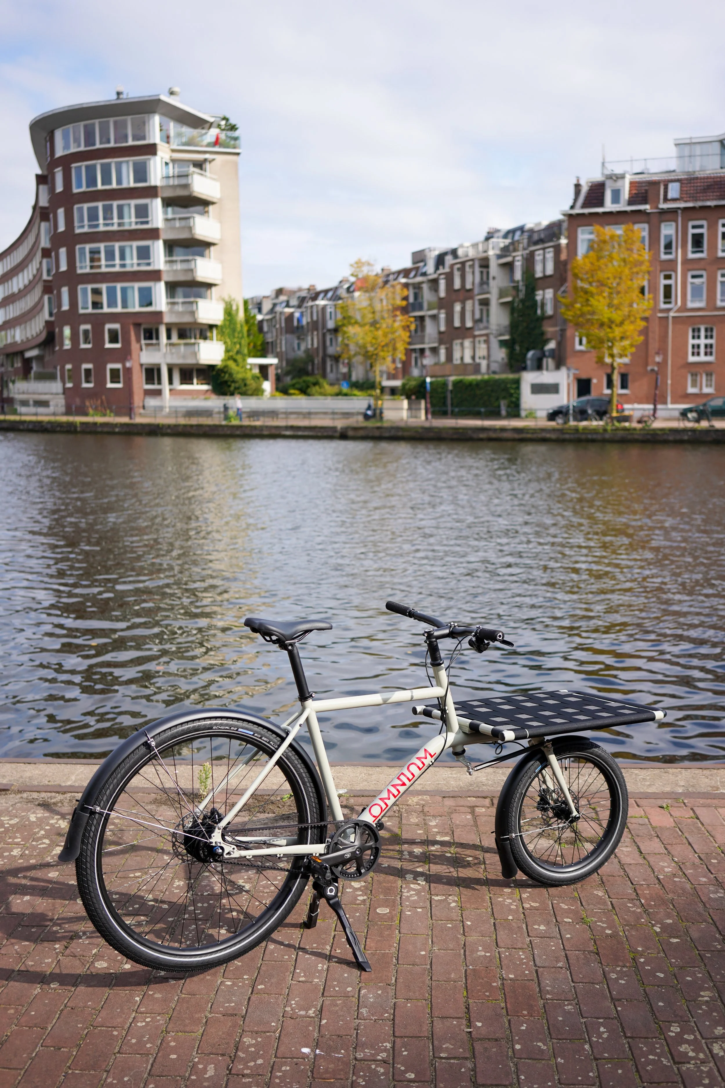 A cargo bike parked on a brick sidewalk beside a river with modern apartment buildings and trees with autumn foliage in the background.