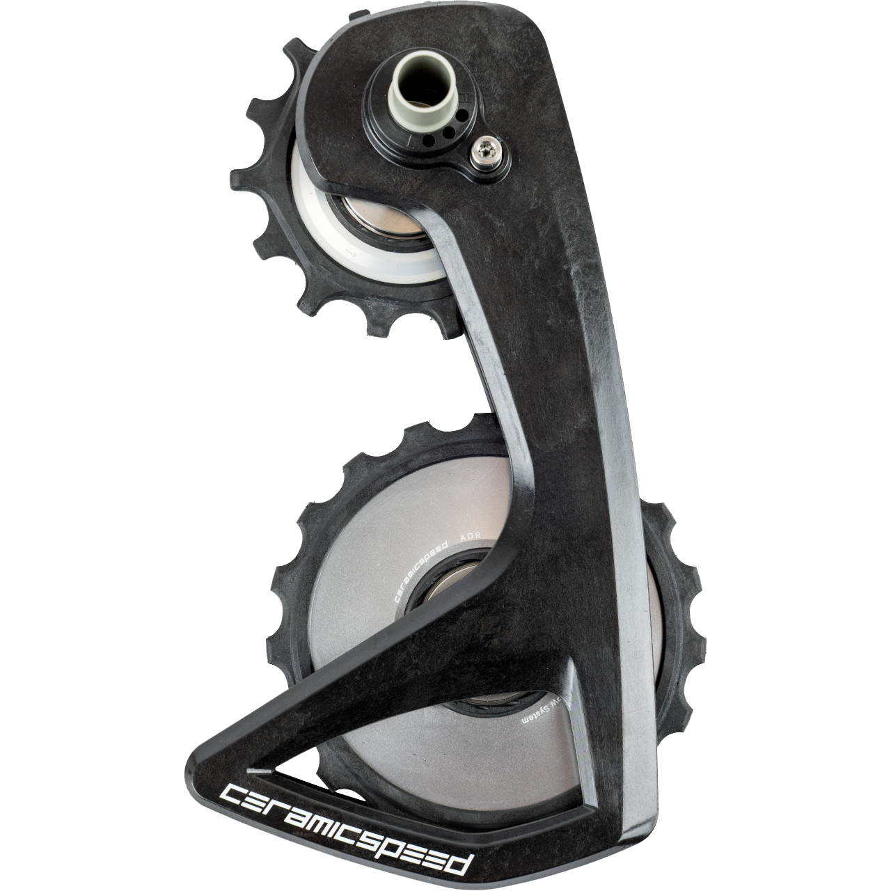 Close-up of a CeramicSpeed carbon fiber bicycle rear derailleur with a sleek black design and visible gear pulleys.