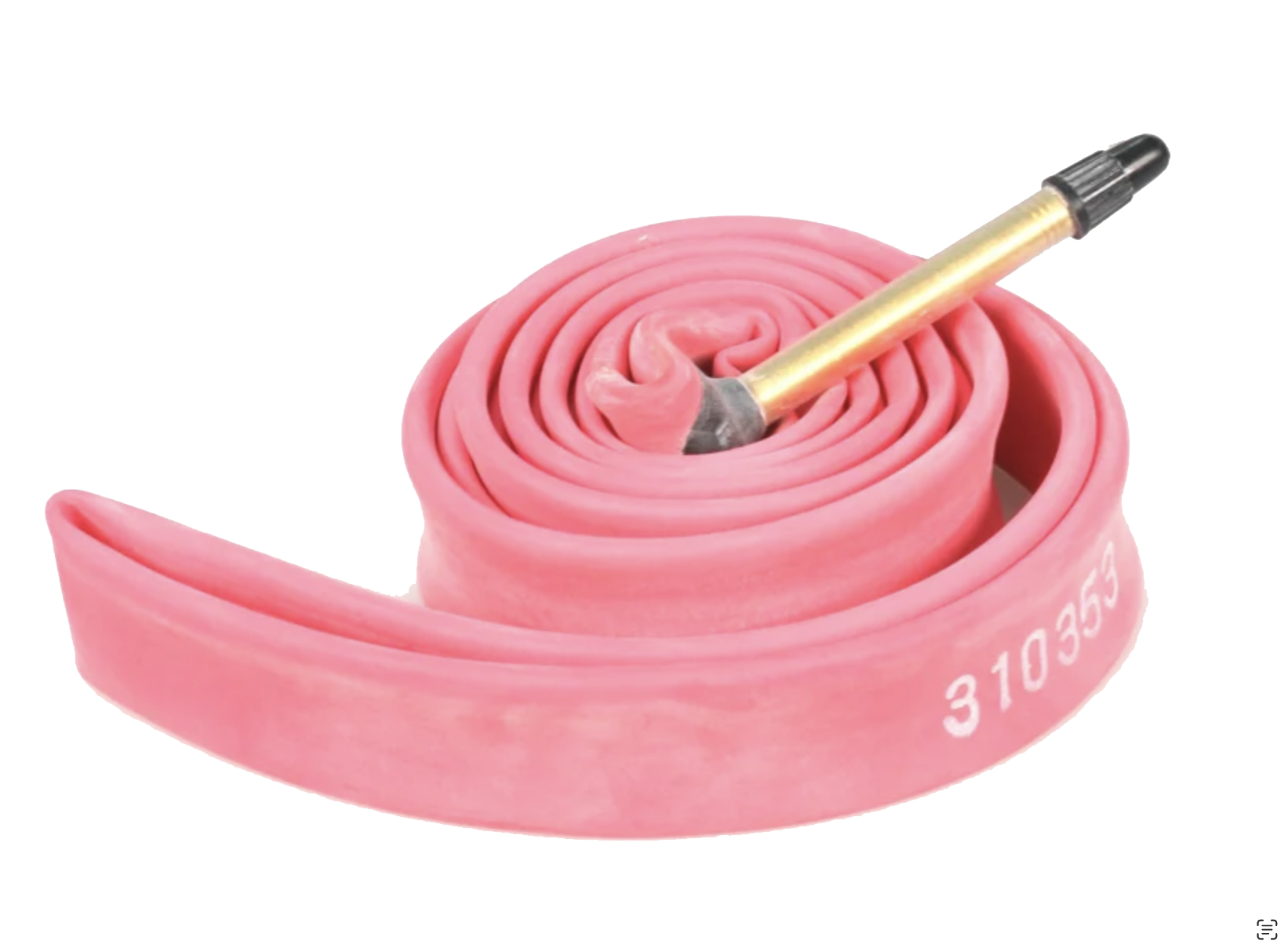 Pink, coiled bicycle or bike inner tube with a tire valve and a soldering iron resting on it.
