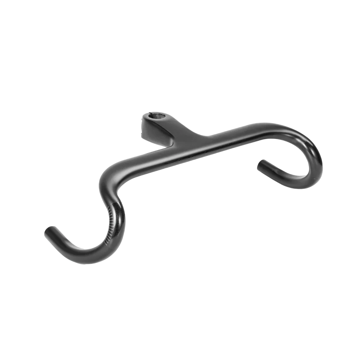 A black metal handlebar with a mounting bracket, designed for use on a bicycle.