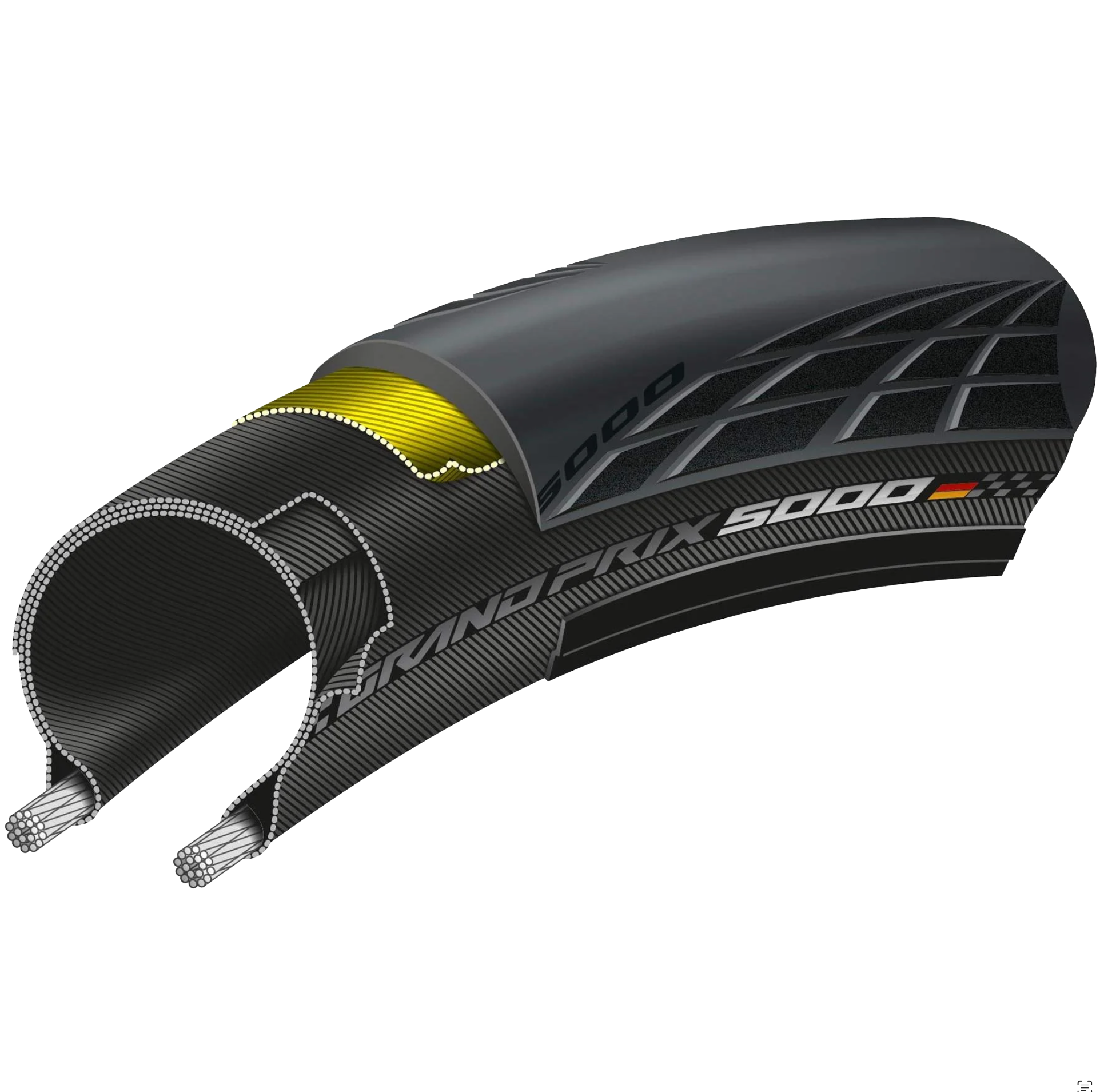 A cross-sectional diagram of a bicycle tire showing the layers of the tire, including the tread, sidewall, and interior structure.