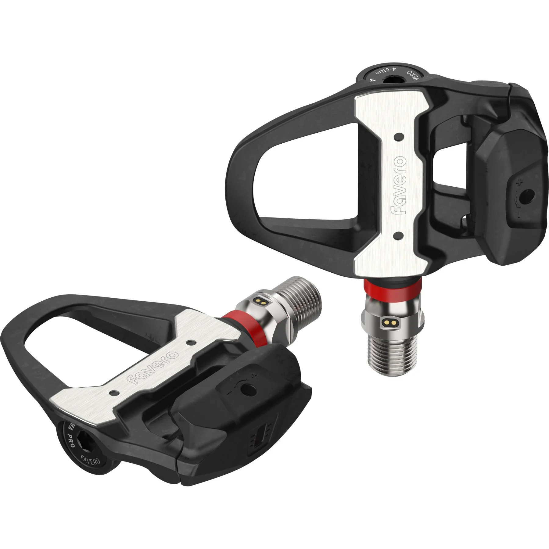 Two black and silver Favero bike pedals with red accents and metal cleats, isolated on white background.