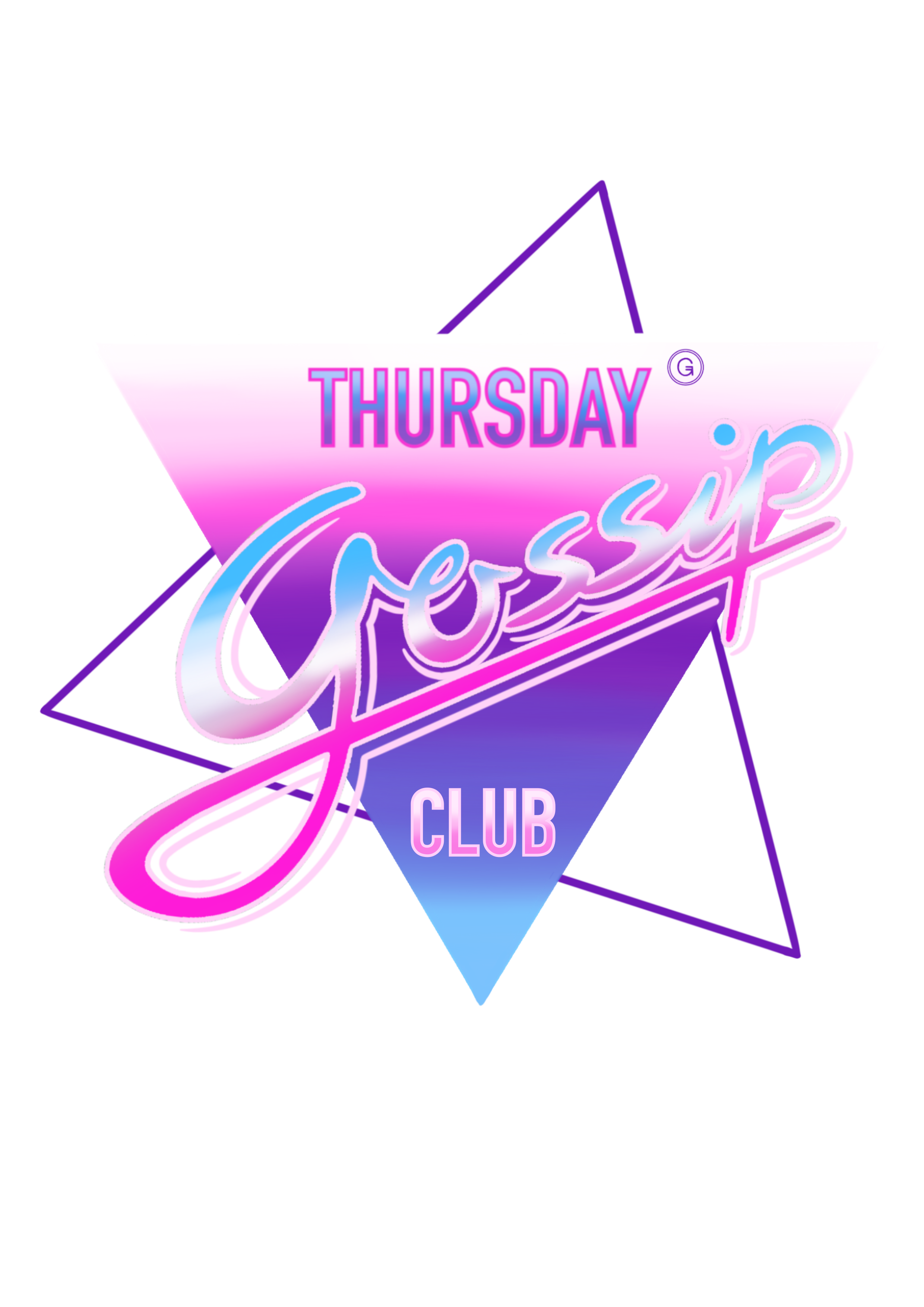 Neon-style sign for a nightclub called Thursday Gassy Club with pink, purple, and blue colors and geometric shapes