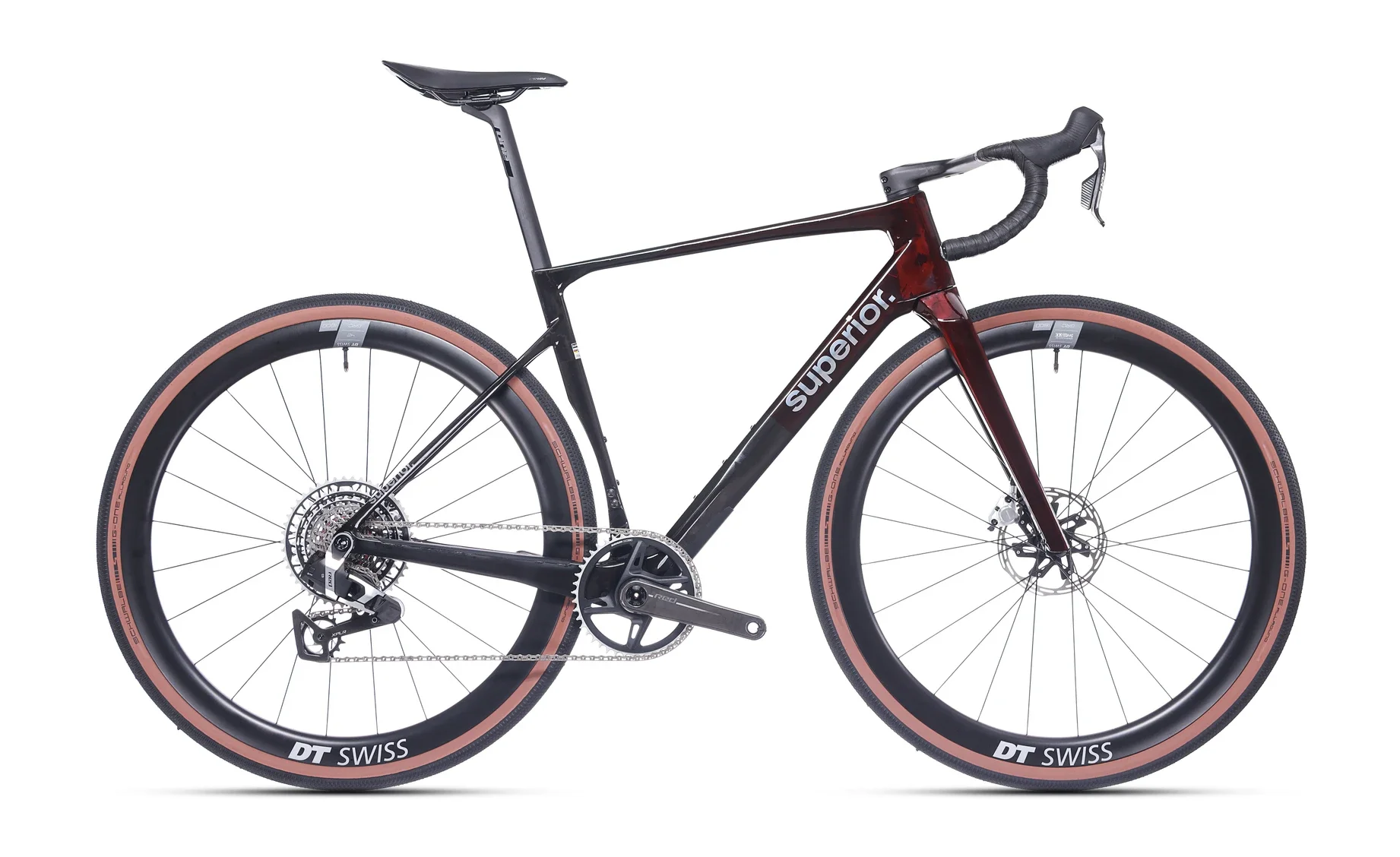 A modern black and red supernovor road bike with tanwall tires, disc brakes, and aerodynamic frame design.