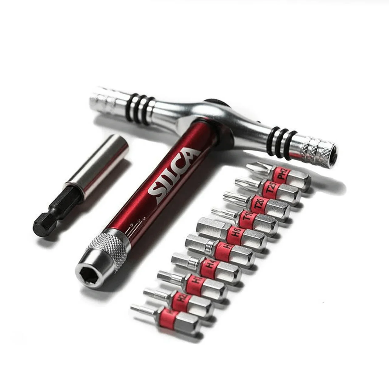 Set of screwdriver bits, a red precision screwdriver with the brand name 'SVC,' and a T-handle screwdriver with black and silver details on a white background.
