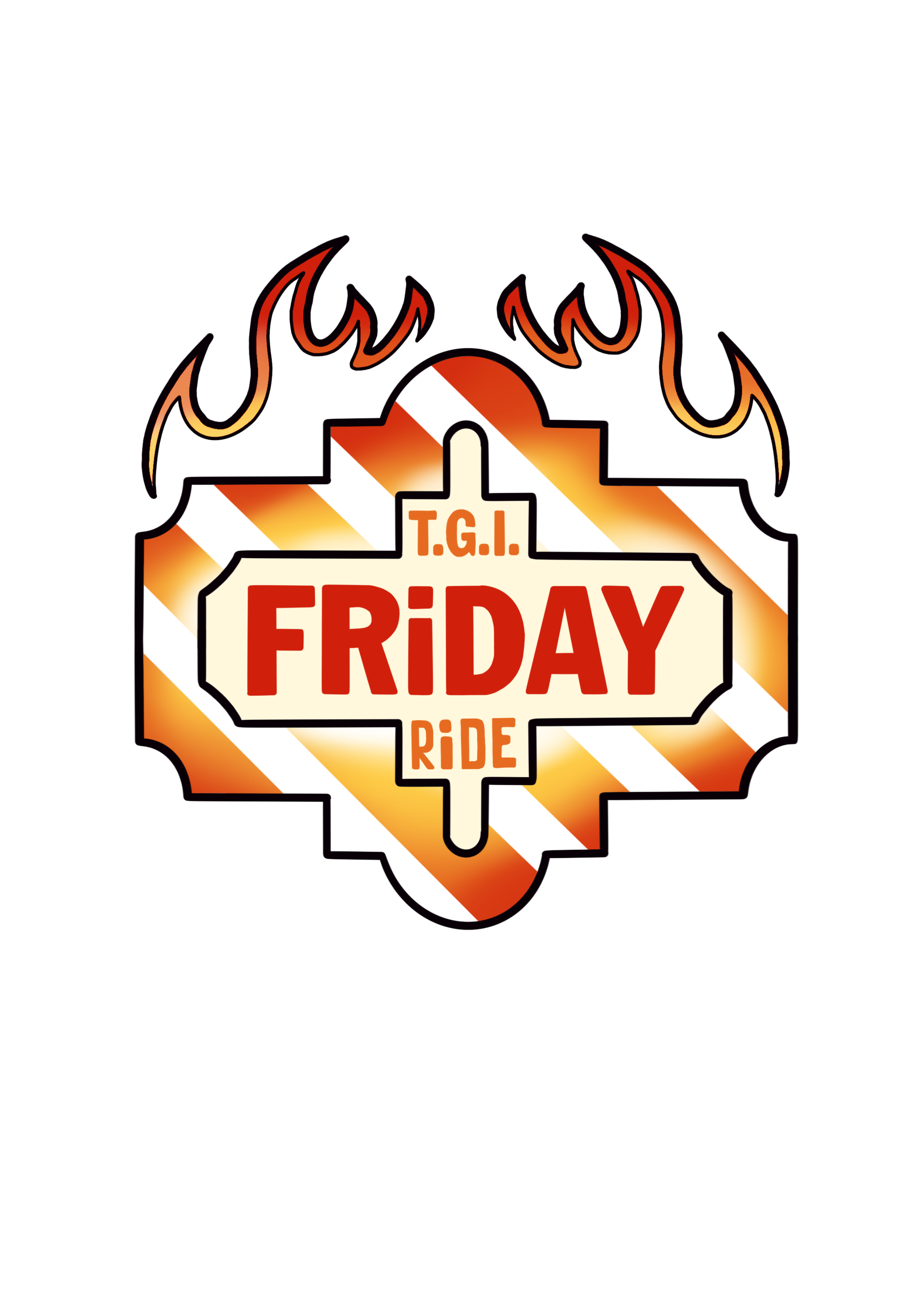 Harley-Davidson logo with flames behind it, featuring text that reads 'T.G.I. Friday Ride' in red and orange.