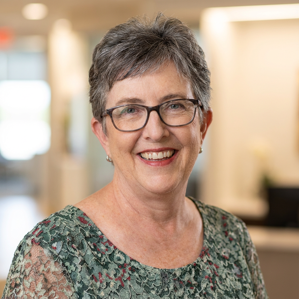 Portrait of a smiling woman with short dark hair and glasses, wearing a blue patterned top.