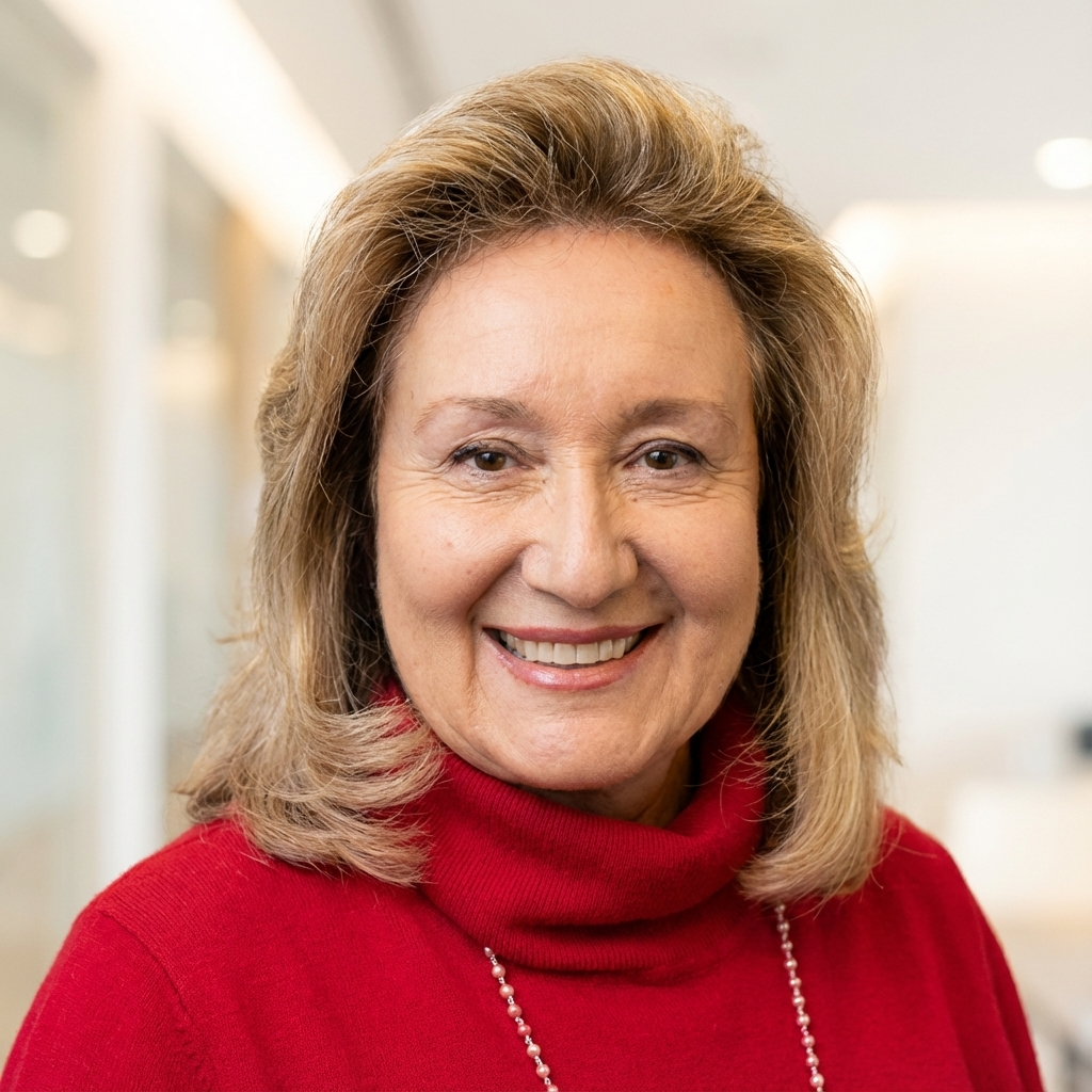 Portrait of a woman smiling, wearing a black and pink patterned top and a pearl necklace.