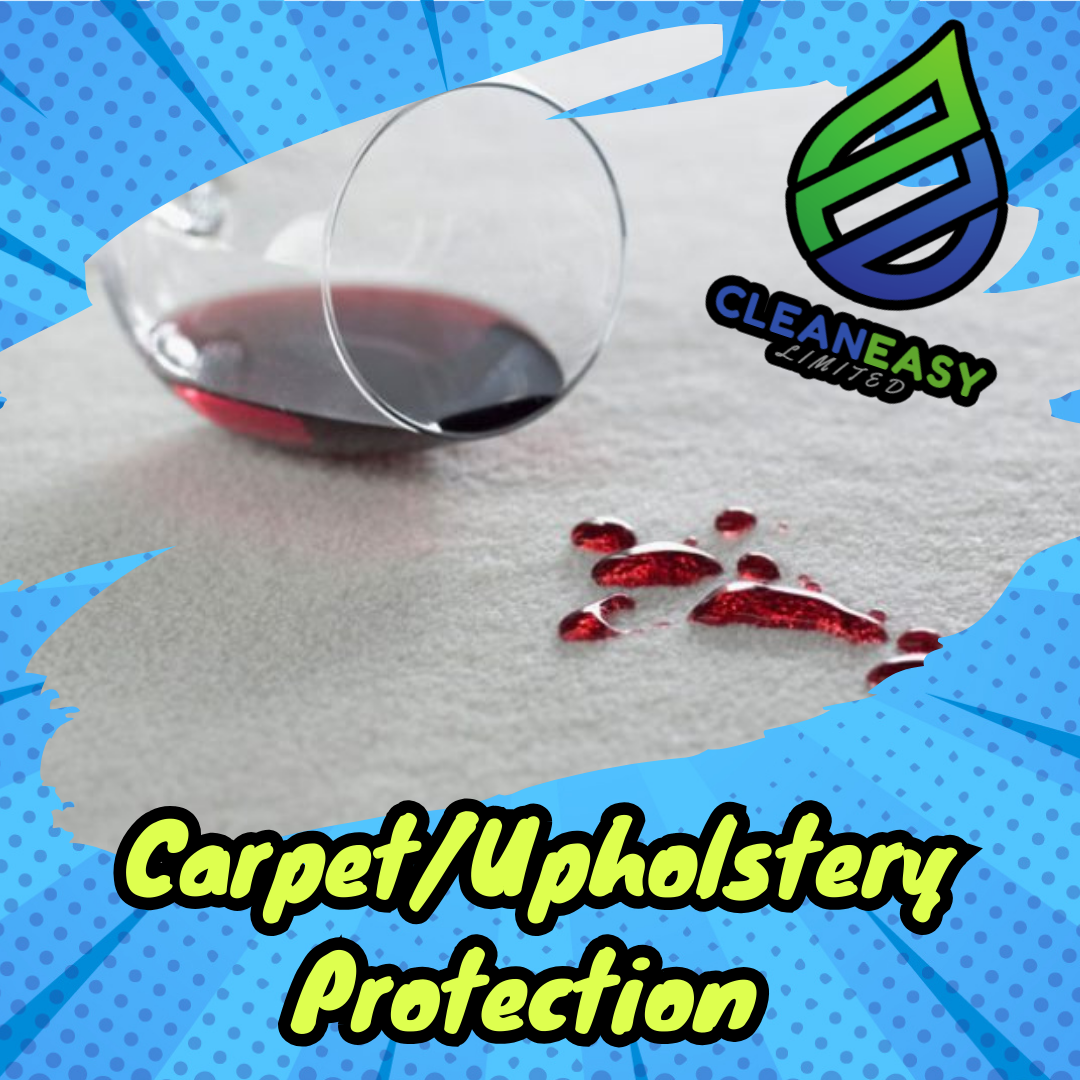 A spilled red wine glass with red wine drips on a gray surface with a colorful branded border and logo, and the text 'Carpet/Upholstery Protection'.