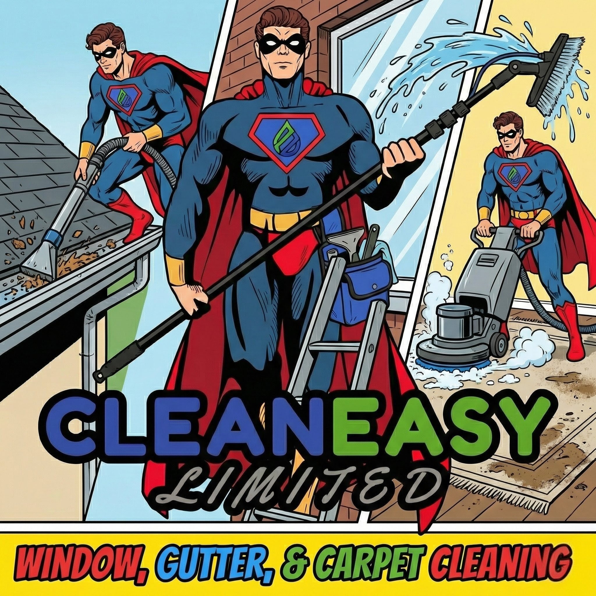 Comic strip illustration of a superhero in a blue costume with a red cape and black mask, vacuuming leaves from a gutter. A large sign with bold, colorful text advertises cleaning services, listing window, gutter, and carpet cleaning.