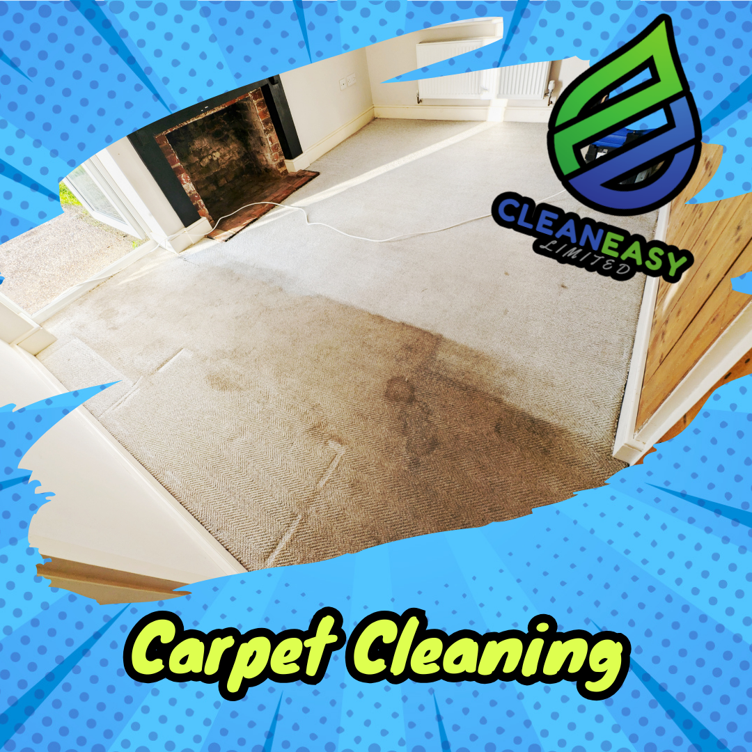 Room with carpet that is partly stained and being cleaned for carpet cleaning service.