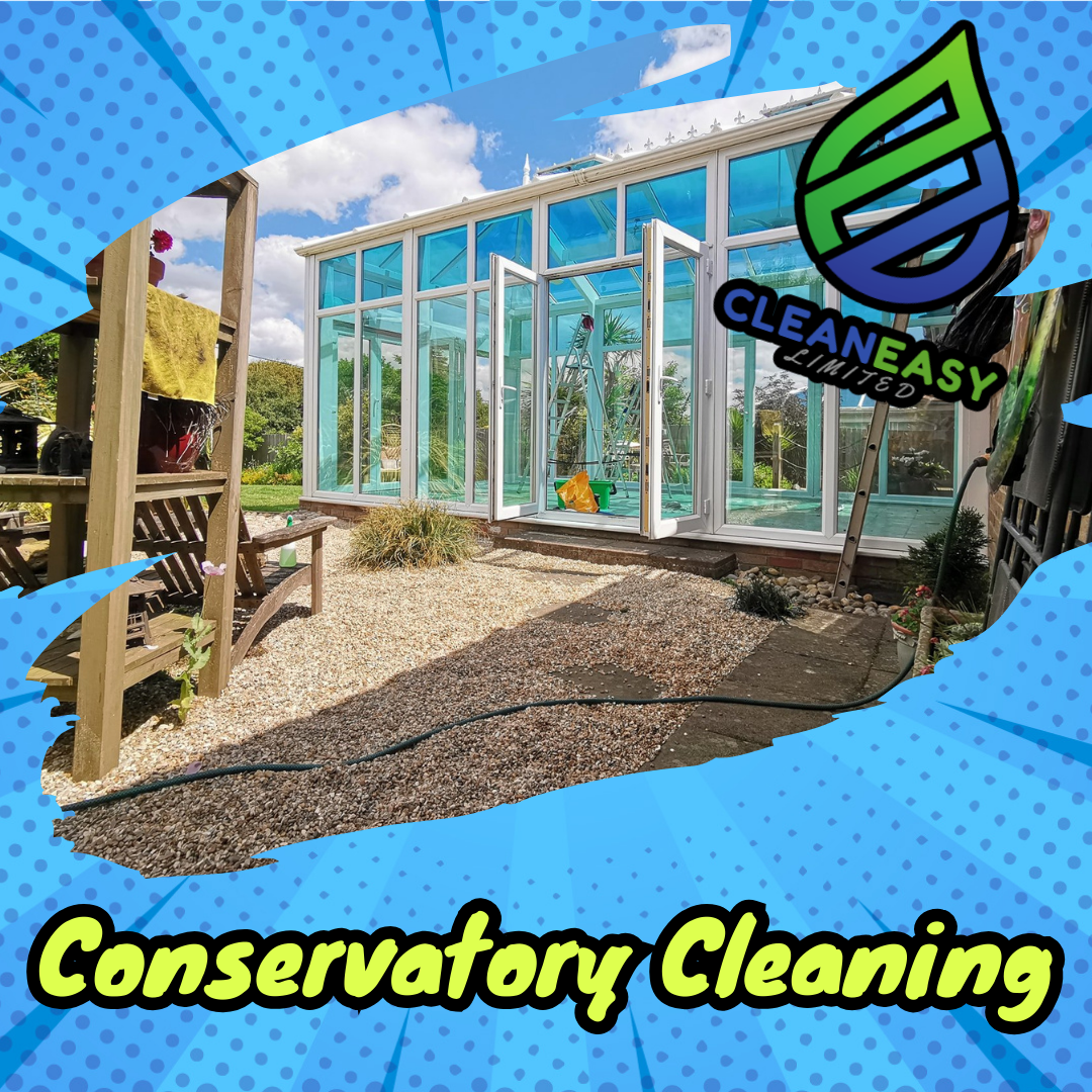 A glass conservatory attached to a house, with open double doors and cleaning supplies inside, surrounded by a gravel pathway and garden.