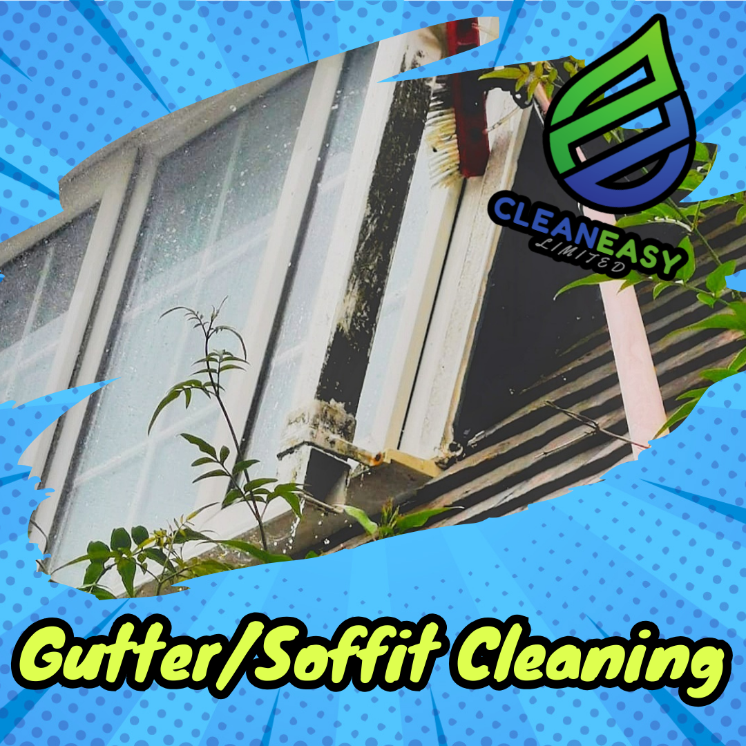 Dirty gutter with grime buildup, surrounded by plant foliage, with a logo and text overlay about gutter and soffit cleaning.