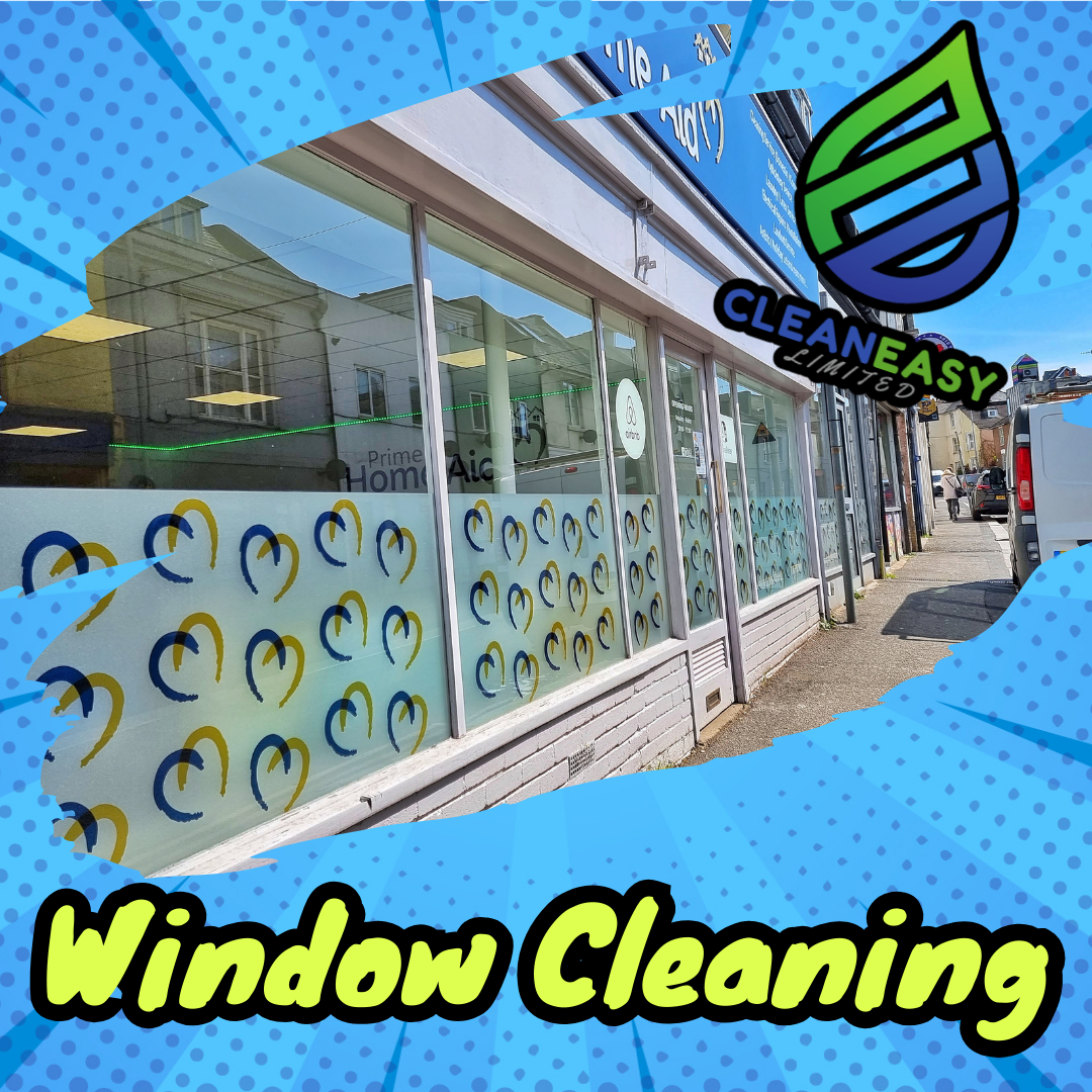Storefront with window decals of colorful heart shapes and a logo for 'CLEAN EASY LIMITED' on the window, indicating window cleaning services.