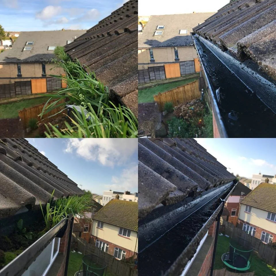 Close-up of a roof gutter with leaves and soil, showing signs of buildup and debris, with neighboring houses and a blue sky in the background.