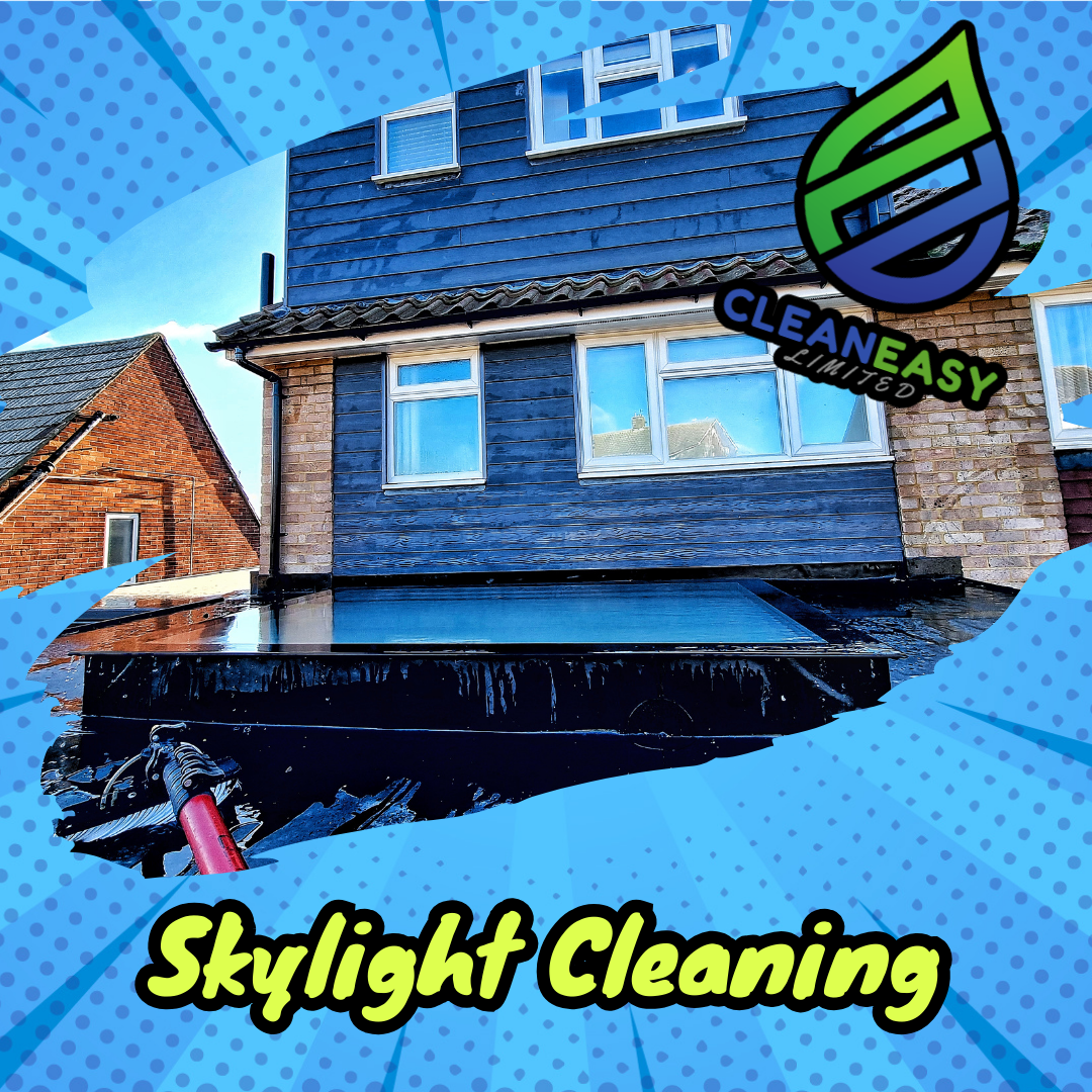 A house with the roof being cleaned, showing a newly cleaned skylight and window area, with tools visible at the bottom. The image features the logo and branding for CleanEasy Limited, emphasizing skylight cleaning services.