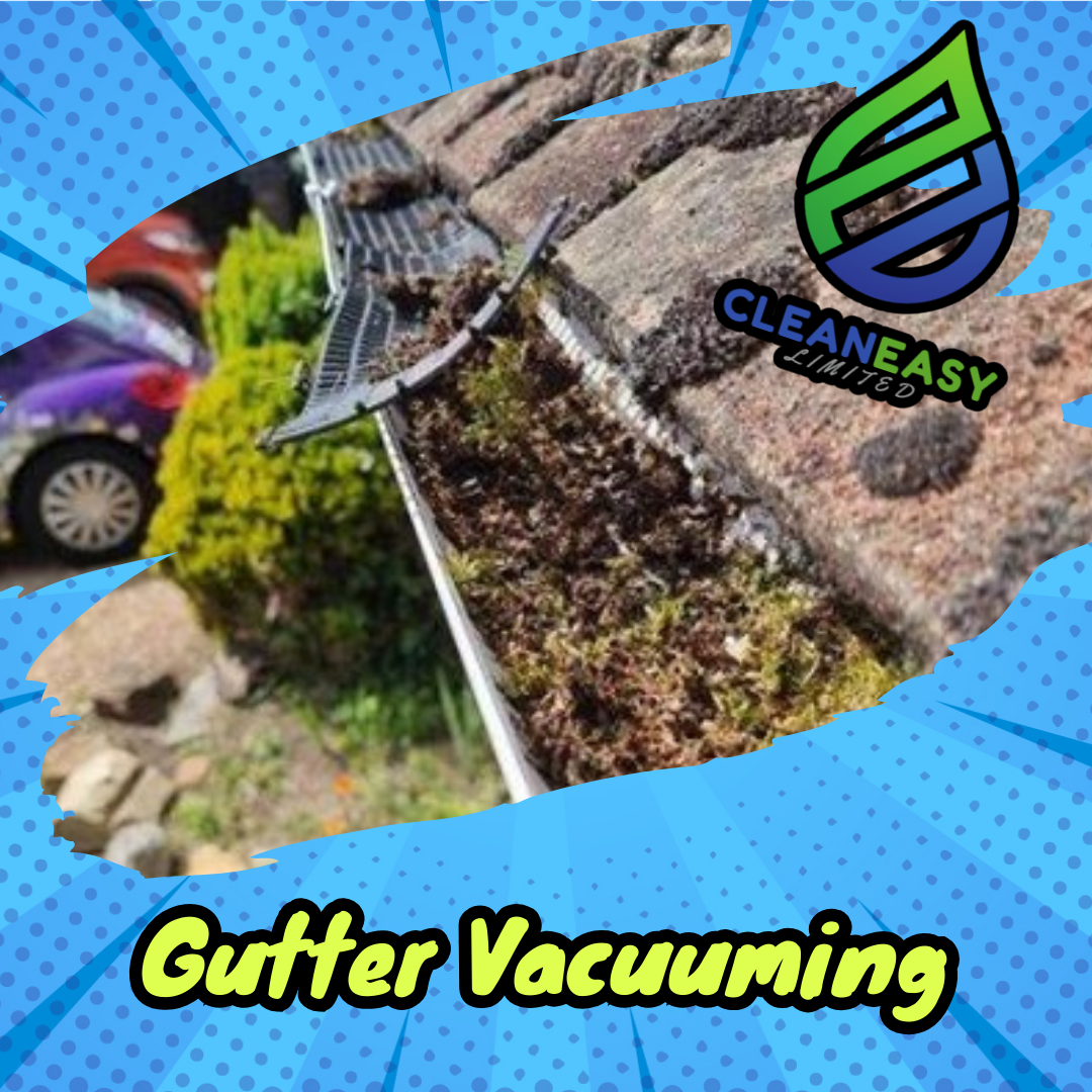 Gutter being cleaned with a vacuum cleaner, leaves and debris in the gutter, outdoor residential setting, Vegetation and parked cars visible nearby.