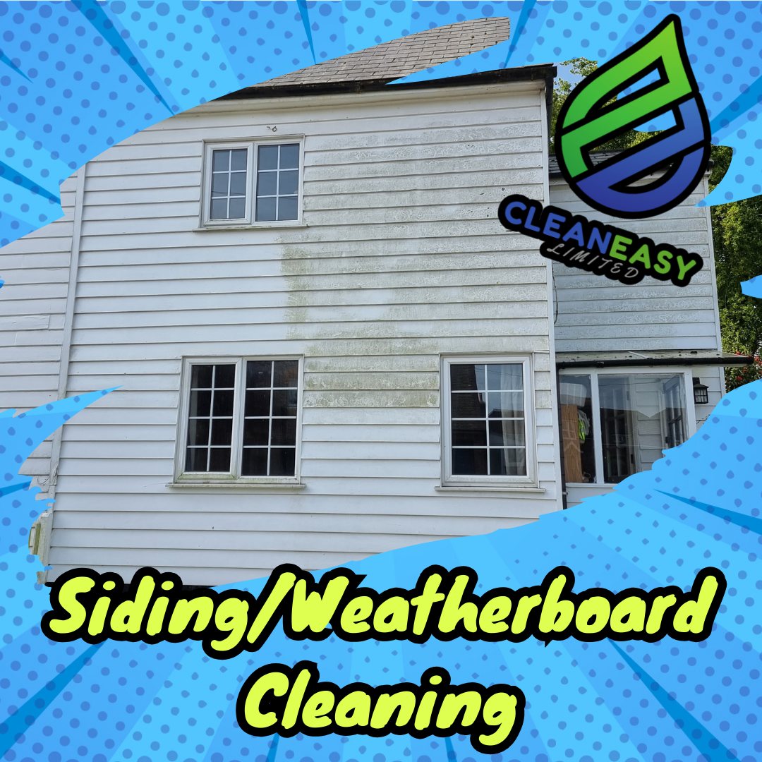 Side of a house being cleaned to remove green mold or algae, with the text 'Siding/Weatherboard Cleaning' and a logo for Clean Easy Limited on a blue creative background.