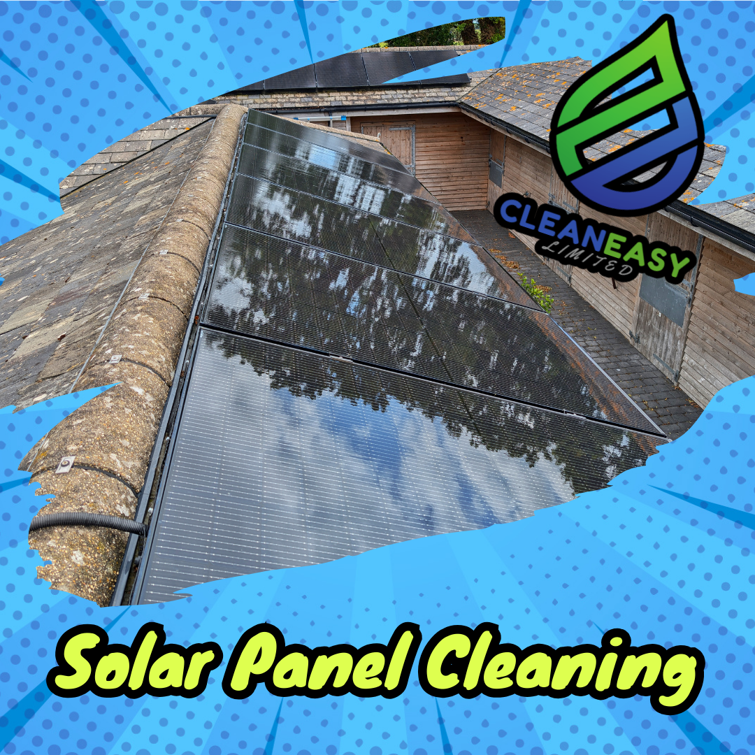 CleanEasy logo and a row of shiny solar panels on a roof reflecting the sky and trees.