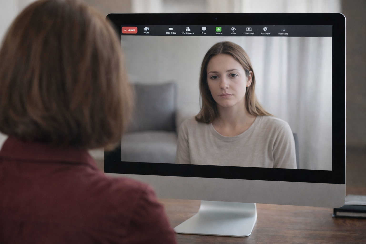 Therapist having a virtual session with feamle client.