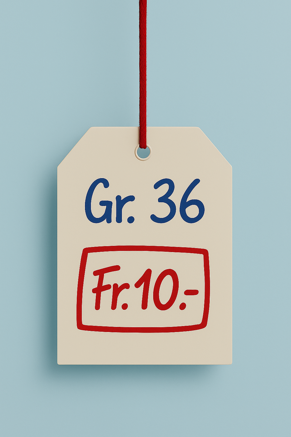 Preisschild mit blauer Aufschrift 'Gr. 36' und roter Umrandung mit rot-weißem Band, auf hellem blauen Hintergrund.
