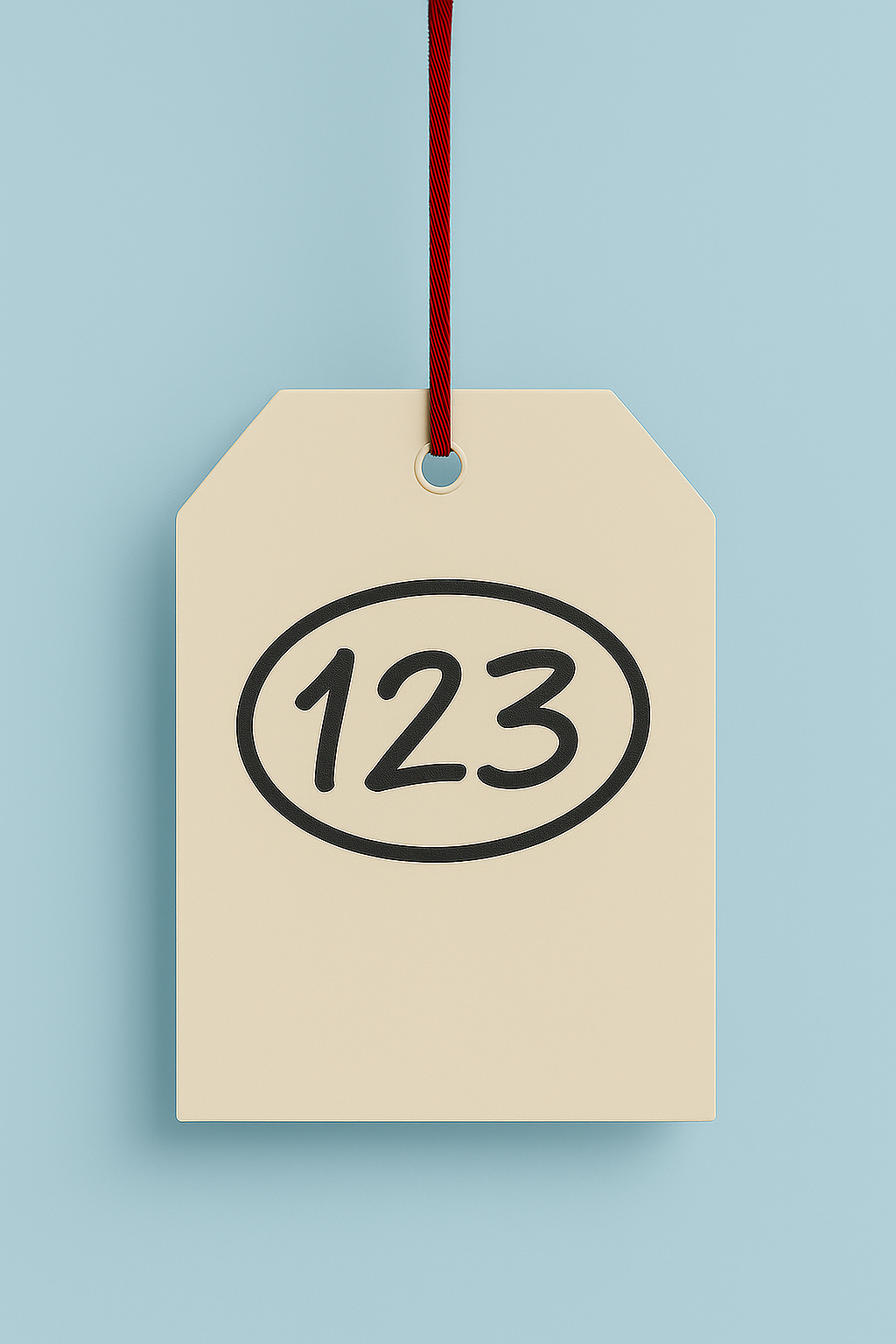 Preisschild mit der Nummer 123, hängend an rot-gestreifter Schnur vor hellblauer Hintergrund.