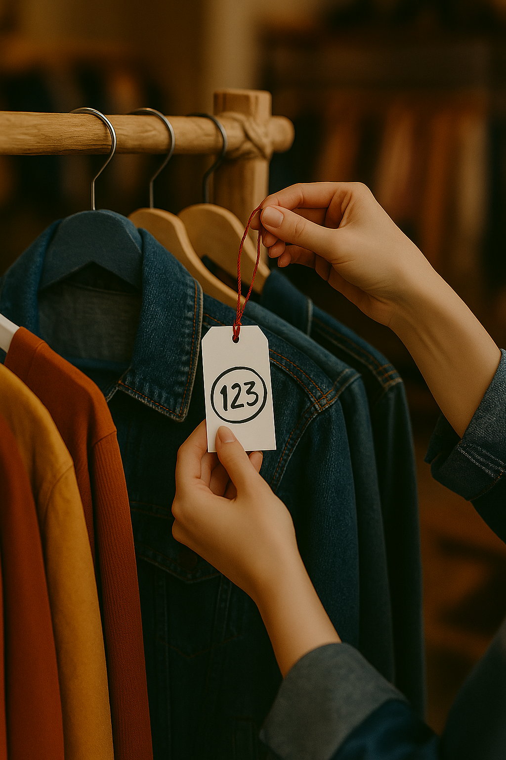 Eine Hand hängt an einem Kleiderständer mit Denim- und anderen Jacken, während die andere Hand eine Preisschild mit der Nummer 123 hält.