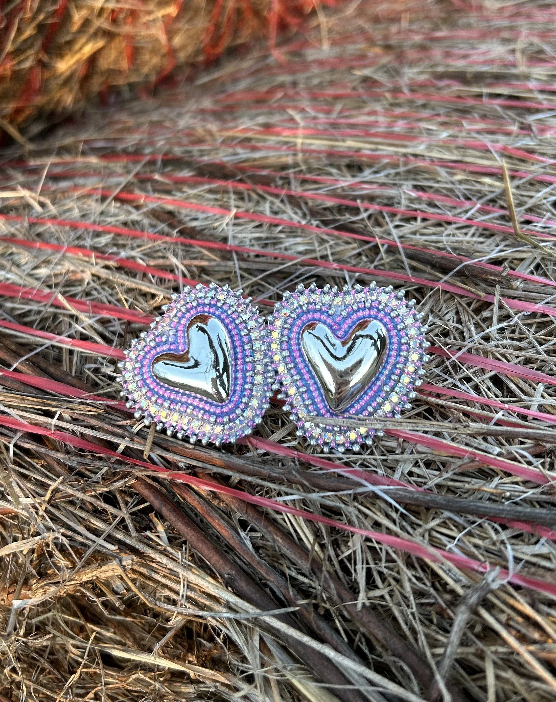 Pink Lined Blue Shimmering Heart Studs