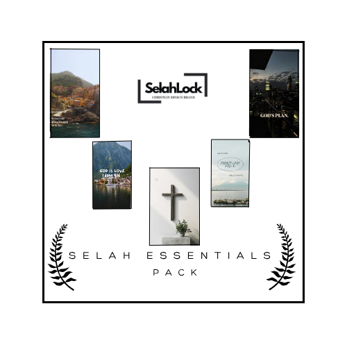 Cover of Selah Essentials Pack with Christian-themed images, including a cross, mountains, and inspirational quotes.