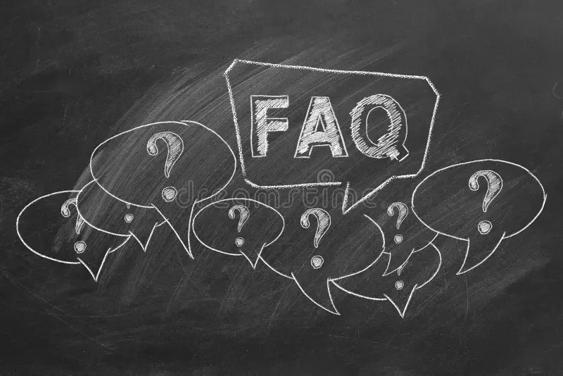 Chalkboard with speech bubbles containing question marks and a central speech bubble labeled 'FAQ'.