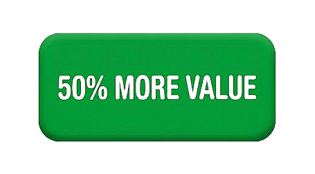 Green oval button with white text that says '50% MORE VALUE'.