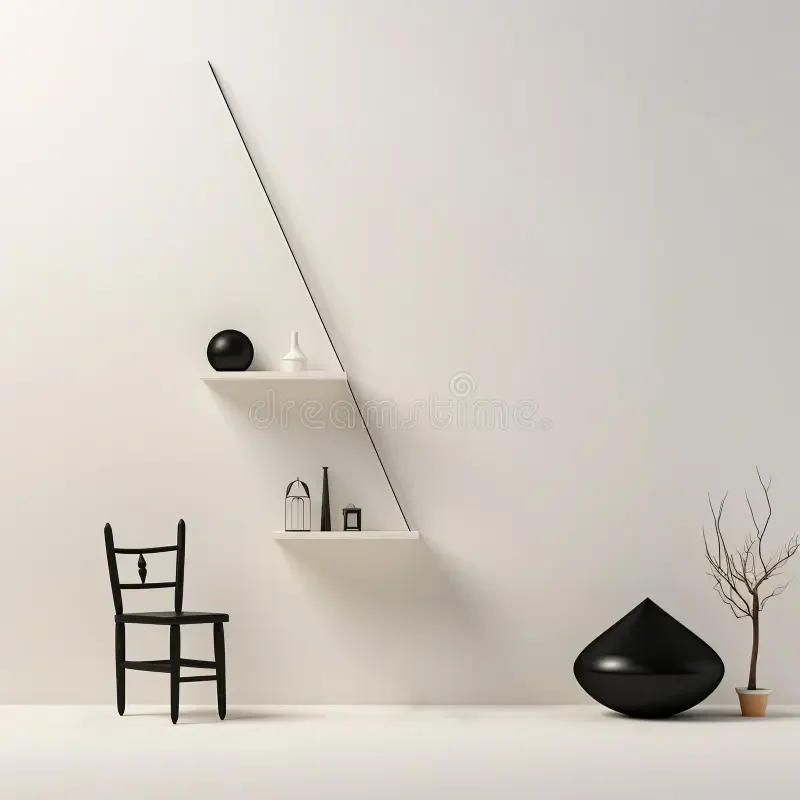 Minimalist interior with a black chair, black vase, white shelf with small objects, black vase, and a leafless tree in a pot.