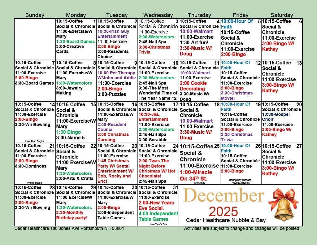 Monthly event calendar for December 2025 at Cedar Healthcare Nubble & Bay, listing daily activities including coffee mornings, exercise, BINGO, holiday parties, and special events for residents.