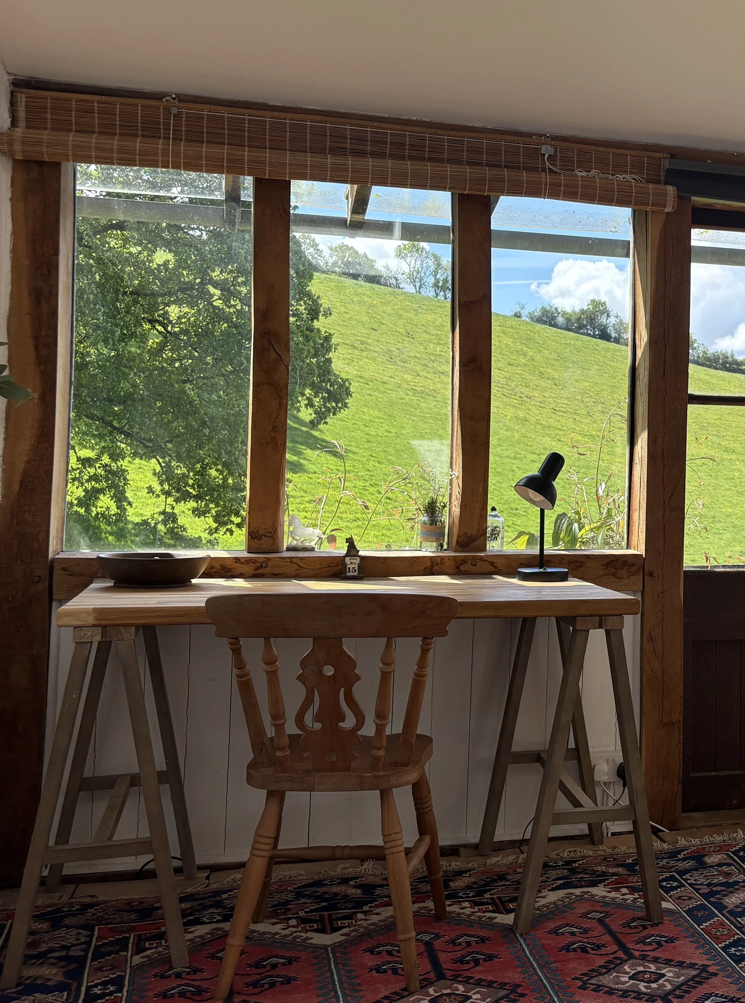 View of a bright window with a landscape of rolling green hills and trees, a wooden desk with lamps, bowls and plants, and a patterned rug on the floor.