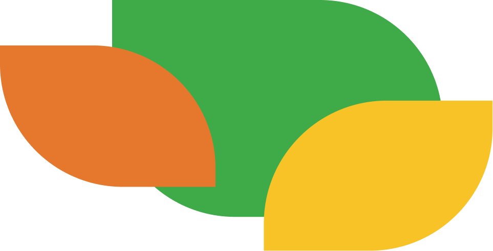 Abstract geometric logo with overlapping shapes in green, orange, and yellow.