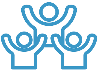 Three stylized human figures in blue forming a pyramid or human tower with arms raised.