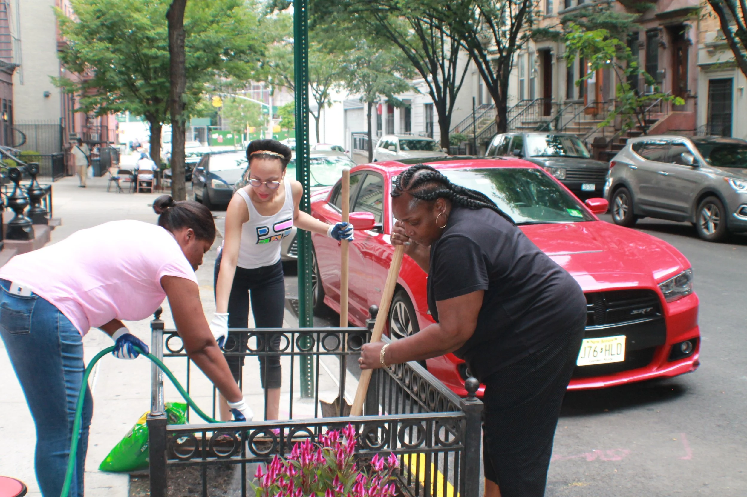 Three women planting flowers inside a small black metal garden bed on an urban sidewalk, with parked cars and residential buildings in the background.