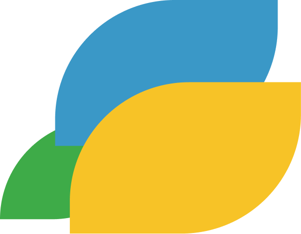 Three overlapping leaves colored blue, yellow, and green.